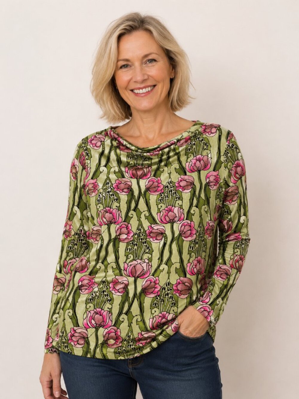 Bechamel Women Size 1x Velvet Blouse Top Green Floral Garden Party Mature Pink